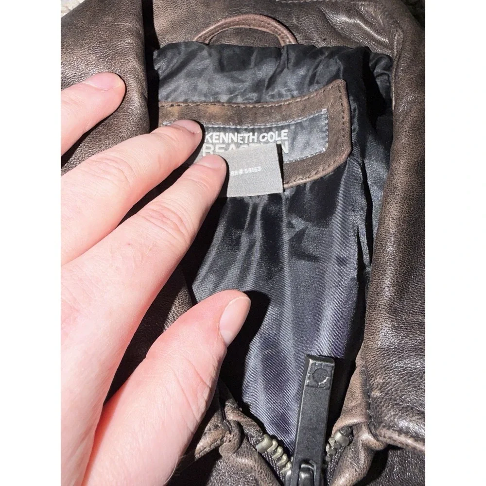 Kenneth Cole Reaction Jacket Mens 2XL Brown Genuine Leather Moto Biker Full Zip